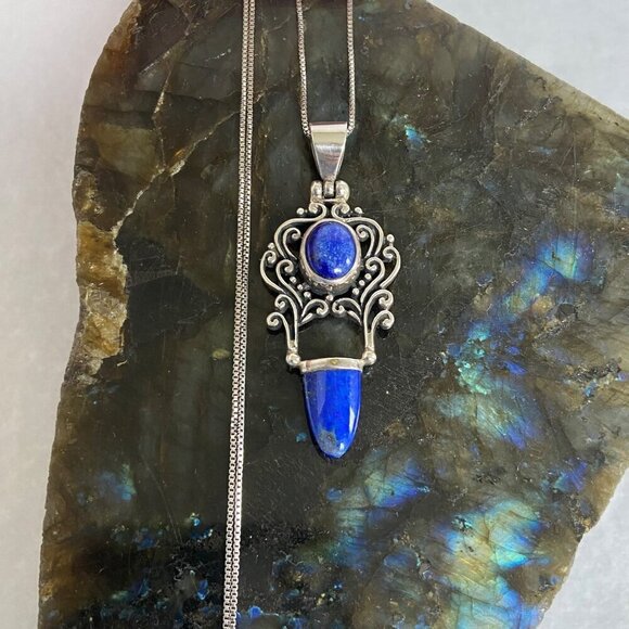 Sterling Silver 925 Lapis Lazuli Scrollwork 2 Stone Pendant Necklace 18" Chain - Picture 11 of 16